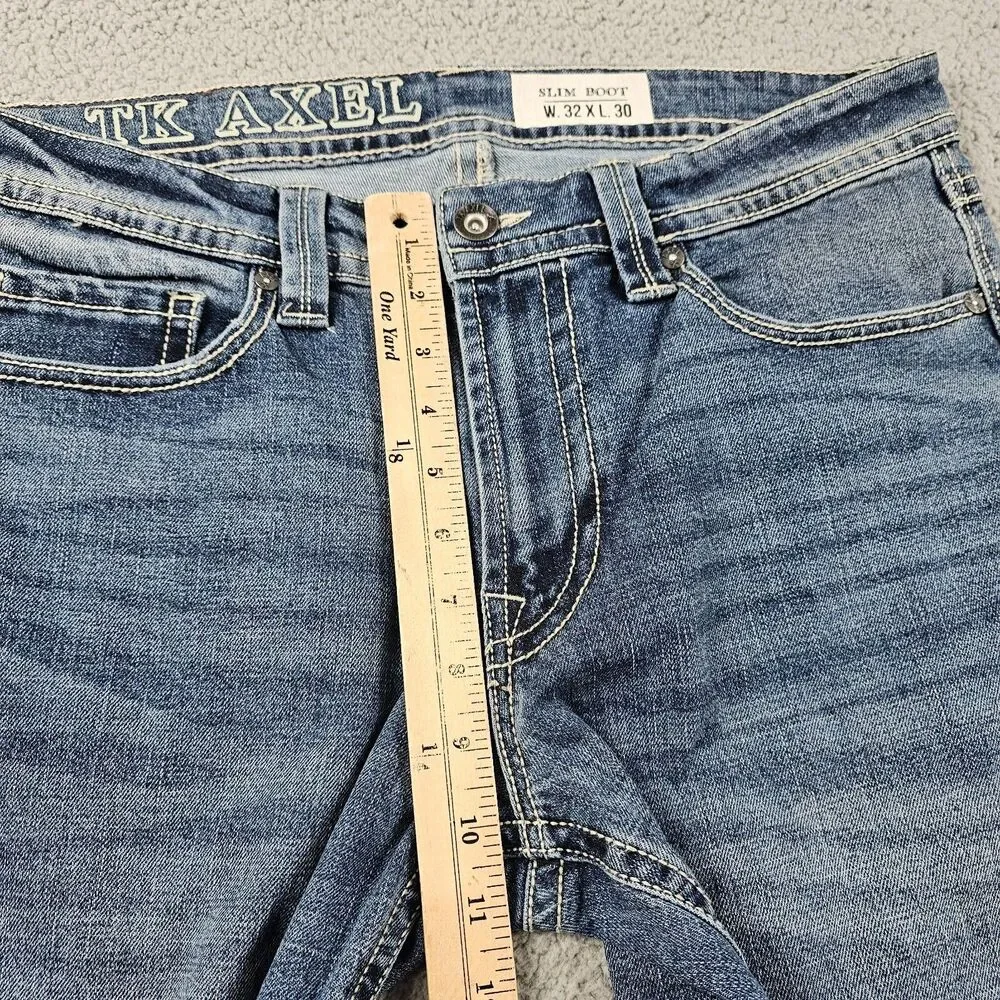 TK Axel Jeans Mens 35x28* Blue Denim Slim Boot Rocker Cowboy Biker Distressed